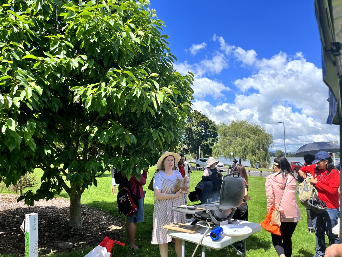 Students and staff enjoying an outdoor BBQ picnic in a sunny park next to a lake in Hamilton, New Zealand
